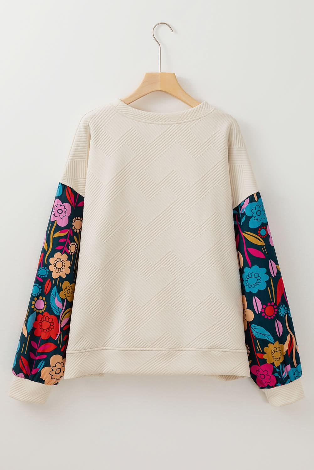 White Floral Patchwork Sleeve Textured Plus Size Pullover Top - Love Salve